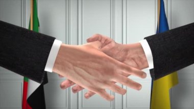 BAE ve Ukrayna diplomasi anlaşmaları animasyon. İş adamı ortağı tokalaşması. Arka planda ulusal bayrak