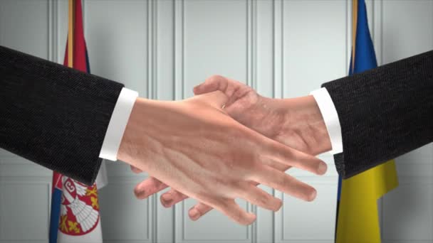 セルビアとウクライナの外交はアニメーションを扱う ビジネスマンのパートナー握手 背景に国旗 — ストック動画