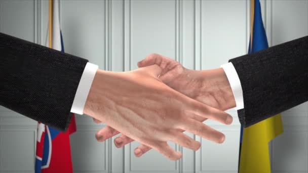 斯洛伐克和乌克兰的外交处理动画 商人搭档握手 背景上的国旗 — 图库视频影像