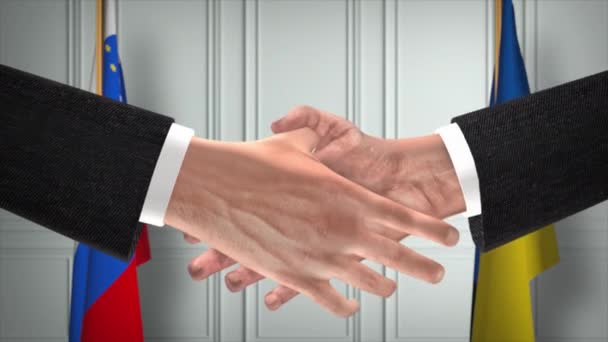 Szlovénia Ukrajna Diplomáciai Megállapodás Animáció Üzlettárs Kézfogás Nemzeti Zászló Háttérben — Stock videók