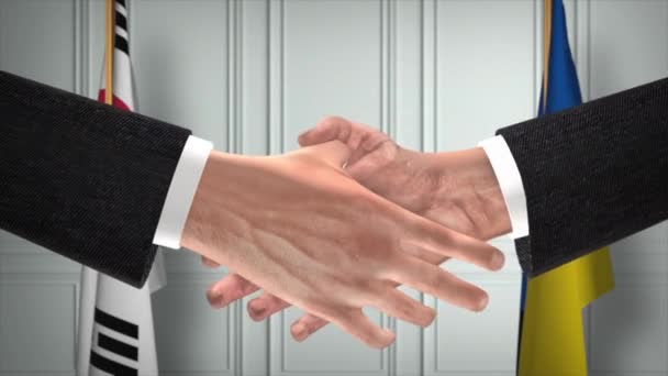 Zuid Korea Oekraïne Diplomatie Deal Animatie Zakenman Partner Handdruk Nationale — Stockvideo
