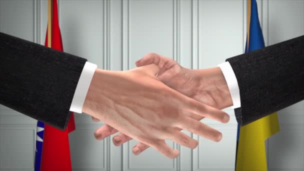 台湾和乌克兰的外交协议动画 商人搭档握手 背景上的国旗 — 图库视频影像