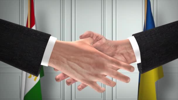 Tadzjikistan Oekraïne Diplomatie Deal Animatie Zakenman Partner Handdruk Nationale Vlag — Stockvideo