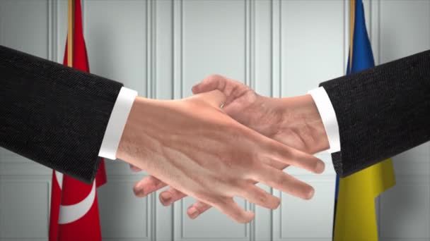 土耳其和乌克兰的外交处理动画 商人搭档握手 背景上的国旗 — 图库视频影像
