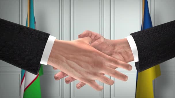 乌兹别克斯坦和乌克兰的外交处理动画 商人搭档握手 背景上的国旗 — 图库视频影像