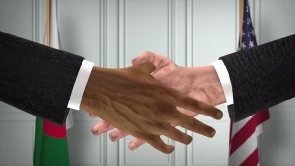 阿尔及利亚和美国的伙伴关系商业交易 国家政府旗 官方外交握手图解动画 合约业务员握手 — 图库视频影像