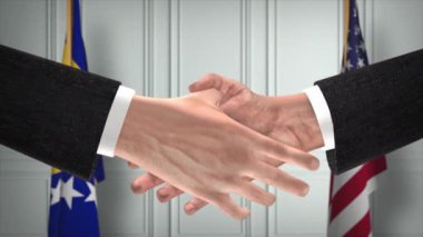 Bosna-Hersek ve ABD Ortaklık İş Anlaşması. Ulusal Hükümet Bayrakları. Resmi Diplomasi Tokalaşma Çizim Animasyonu. Anlaşma İşadamı Tokalaştı