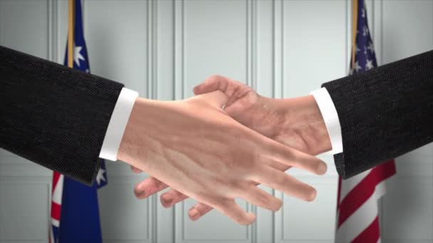 澳大利亚和美国的伙伴关系商业交易 国家政府旗 官方外交握手图解动画 合约业务员握手 — 图库视频影像