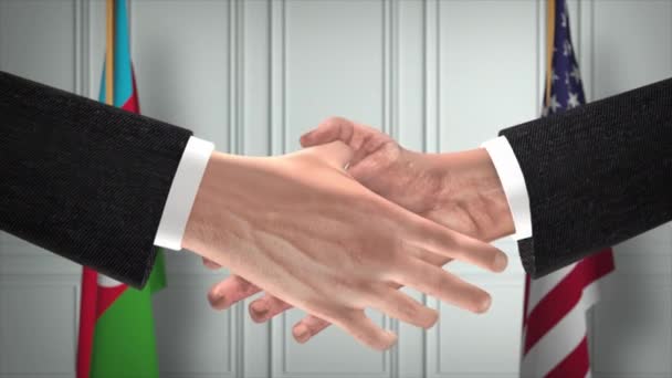 阿塞拜疆和美国的伙伴关系商业交易 国家政府旗 官方外交握手图解动画 合约业务员握手 — 图库视频影像
