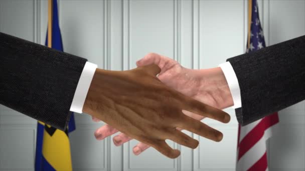 巴巴多斯和美国的伙伴关系商业交易 国家政府旗 官方外交握手图解动画 合约业务员握手 — 图库视频影像