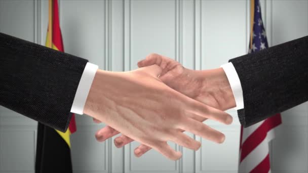 比利时和美国的伙伴关系商业交易 国家政府旗 官方外交握手图解动画 合约业务员握手 — 图库视频影像