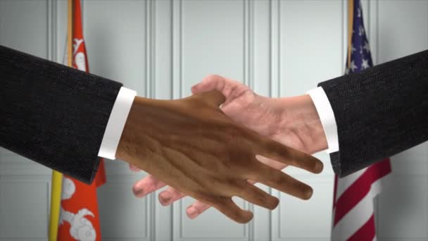 ブータンと米国のパートナーシップビジネス契約 国旗を掲揚 公式外交握手イラストアニメーション 契約ビジネスマンの手を振る — ストック動画