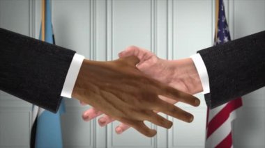 Botswana ve ABD Ortaklık Anlaşması. Ulusal Hükümet Bayrakları. Resmi Diplomasi Tokalaşma Çizim Animasyonu. Anlaşma İşadamı Tokalaştı