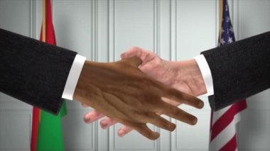 Burkina Faso ve ABD Ortaklık Anlaşması. Ulusal Hükümet Bayrakları. Resmi Diplomasi Tokalaşma Çizim Animasyonu. Anlaşma İşadamı Tokalaştı