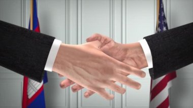 Kamboçya ve ABD Ortaklık Anlaşması. Ulusal Hükümet Bayrakları. Resmi Diplomasi Tokalaşma Çizim Animasyonu. Anlaşma İşadamı Tokalaştı