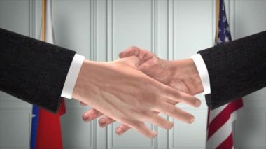 Şili ve ABD Ortaklık Anlaşması. Ulusal Hükümet Bayrakları. Resmi Diplomasi Tokalaşma Çizim Animasyonu. Anlaşma İşadamı Tokalaştı