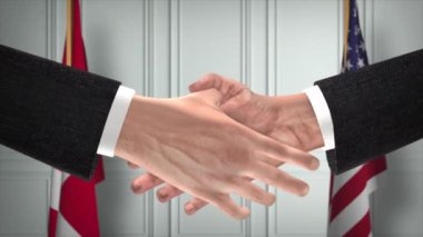 Danimarka ve ABD Ortaklık Anlaşması. Ulusal Hükümet Bayrakları. Resmi Diplomasi Tokalaşma Çizim Animasyonu. Anlaşma İşadamı Tokalaştı