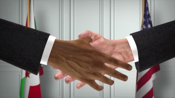 布隆迪和美国的伙伴关系商业交易 国家政府旗 官方外交握手图解动画 合约业务员握手 — 图库视频影像