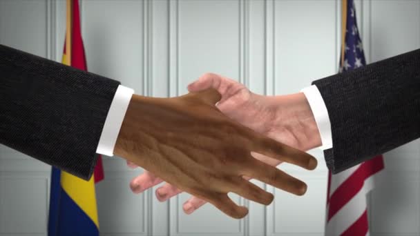 チャドと米国のパートナーシップビジネス取引 国旗を掲揚 公式外交握手イラストアニメーション 契約ビジネスマンの手を振る — ストック動画