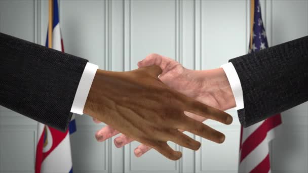哥斯达黎加和美国的伙伴关系商业交易 国家政府旗 官方外交握手图解动画 合约业务员握手 — 图库视频影像