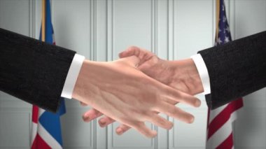 İzlanda ve ABD Ortaklık Anlaşması. Ulusal Hükümet Bayrakları. Resmi Diplomasi Tokalaşma Çizim Animasyonu. Anlaşma İşadamı Tokalaştı
