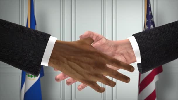 萨尔瓦多和美国的伙伴关系商业交易 国家政府旗 官方外交握手图解动画 合约业务员握手 — 图库视频影像