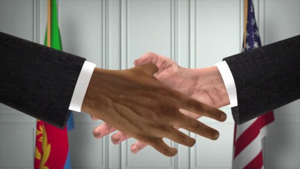 エリトリアと米国のパートナーシップビジネス契約 国旗を掲揚 公式外交握手イラストアニメーション 契約ビジネスマンの手を振る — ストック動画