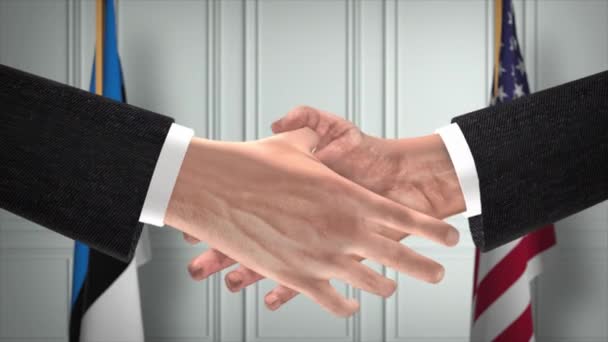 爱沙尼亚和美国的伙伴关系商业交易 国家政府旗 官方外交握手图解动画 合约业务员握手 — 图库视频影像