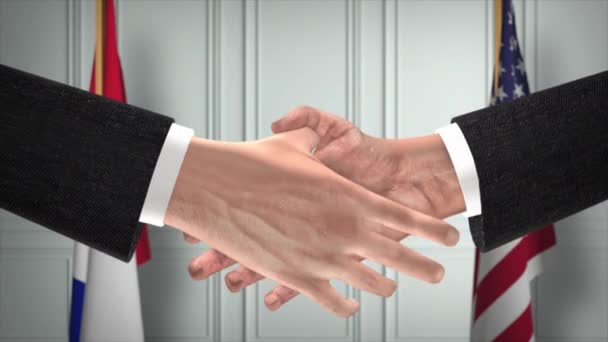 法国和美国的伙伴关系商业交易 国家政府旗 官方外交握手图解动画 合约业务员握手 — 图库视频影像
