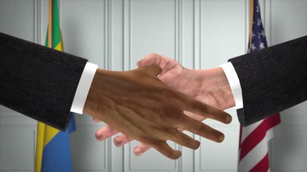 加蓬和美国的伙伴关系商业交易 国家政府旗 官方外交握手图解动画 合约业务员握手 — 图库视频影像
