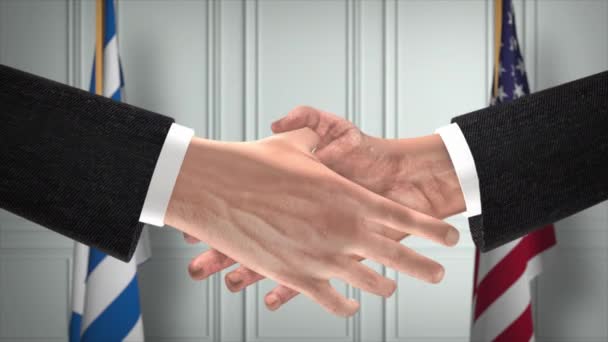 希腊和美国的伙伴关系商业交易 国家政府旗 官方外交握手图解动画 合约业务员握手 — 图库视频影像