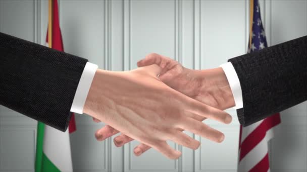 意大利和美国的伙伴关系商业交易 国家政府旗 官方外交握手图解动画 合约业务员握手 — 图库视频影像
