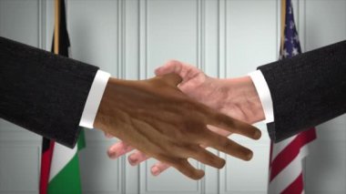 Jordan ve ABD Ortaklık Anlaşması. Ulusal Hükümet Bayrakları. Resmi Diplomasi Tokalaşma Çizim Animasyonu. Anlaşma İşadamı Tokalaştı