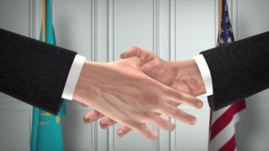 Kazakistan ve ABD Ortaklık İş Anlaşması. Ulusal Hükümet Bayrakları. Resmi Diplomasi Tokalaşma Çizim Animasyonu. Anlaşma İşadamı Tokalaştı