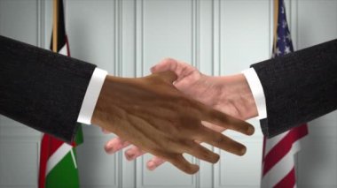Kenya ve ABD Ortaklık Anlaşması. Ulusal Hükümet Bayrakları. Resmi Diplomasi Tokalaşma Çizim Animasyonu. Anlaşma İşadamı Tokalaştı