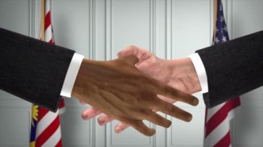 Malezya ve ABD Ortaklık Anlaşması. Ulusal Hükümet Bayrakları. Resmi Diplomasi Tokalaşma Çizim Animasyonu. Anlaşma İşadamı Tokalaştı