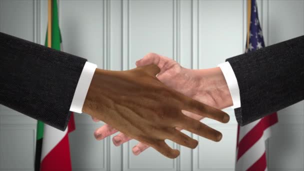 科威特与美国的伙伴关系商业交易 国家政府旗 官方外交握手图解动画 合约业务员握手 — 图库视频影像