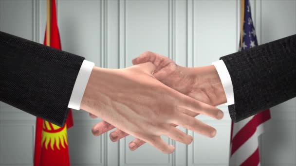 吉尔吉斯斯坦和美国的伙伴关系商业交易 国家政府旗 官方外交握手图解动画 合约业务员握手 — 图库视频影像