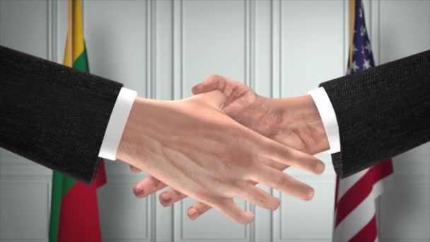 立陶宛和美国的伙伴关系商业交易 国家政府旗 官方外交握手图解动画 合约业务员握手 — 图库视频影像
