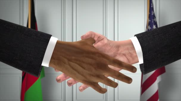 马拉维和美国的伙伴关系商业交易 国家政府旗 官方外交握手图解动画 合约业务员握手 — 图库视频影像