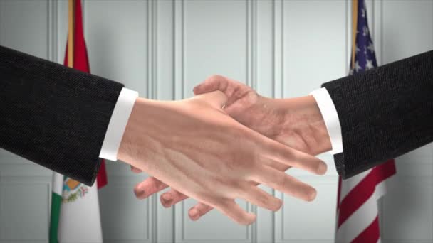 メキシコと米国のパートナーシップビジネス契約 国旗を掲揚 公式外交握手イラストアニメーション 契約ビジネスマンの手を振る — ストック動画