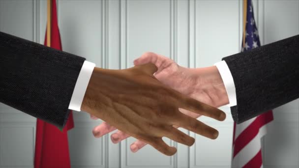 摩洛哥和美国的伙伴关系商业交易 国家政府旗 官方外交握手图解动画 合约业务员握手 — 图库视频影像