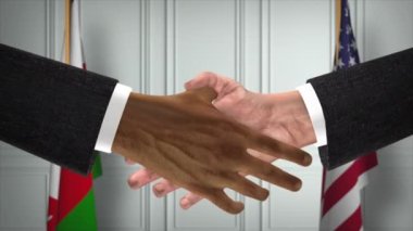 Umman ve ABD Ortaklık Anlaşması. Ulusal Hükümet Bayrakları. Resmi Diplomasi Tokalaşma Çizim Animasyonu. Anlaşma İşadamı Tokalaştı