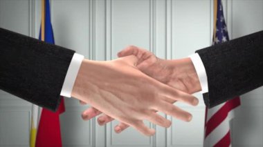 Filipinler ve ABD Ortaklık İş Anlaşması. Ulusal Hükümet Bayrakları. Resmi Diplomasi Tokalaşma Çizim Animasyonu. Anlaşma İşadamı Tokalaştı