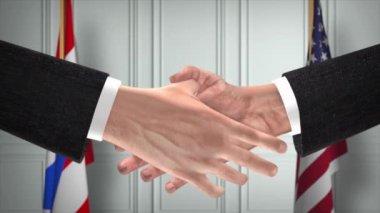 Porto Riko ve ABD Ortaklık Anlaşması. Ulusal Hükümet Bayrakları. Resmi Diplomasi Tokalaşma Çizim Animasyonu. Anlaşma İşadamı Tokalaştı