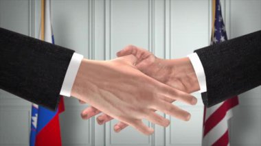 Slovenya ve ABD Ortaklık İş Anlaşması. Ulusal Hükümet Bayrakları. Resmi Diplomasi Tokalaşma Çizim Animasyonu. Anlaşma İşadamı Tokalaştı