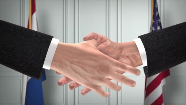 荷兰和美国的伙伴关系商业交易 国家政府旗 官方外交握手图解动画 合约业务员握手 — 图库视频影像