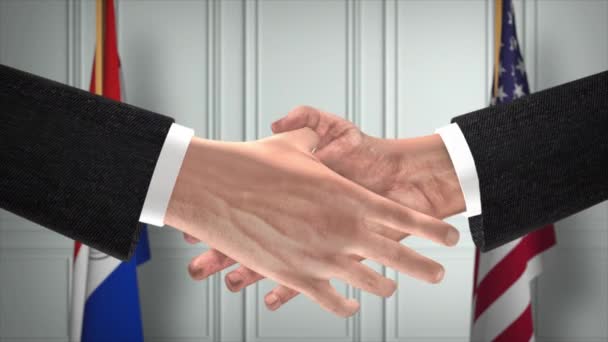 巴拉圭和美国的伙伴关系商业交易 国家政府旗 官方外交握手图解动画 合约业务员握手 — 图库视频影像