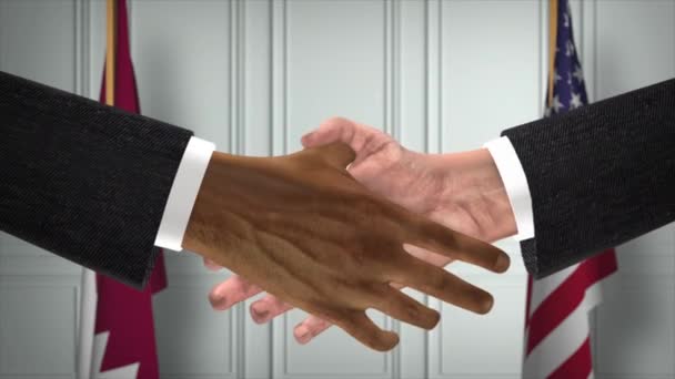 カタールと米国のパートナーシップビジネス契約 国旗を掲揚 公式外交握手イラストアニメーション 契約ビジネスマンの手を振る — ストック動画