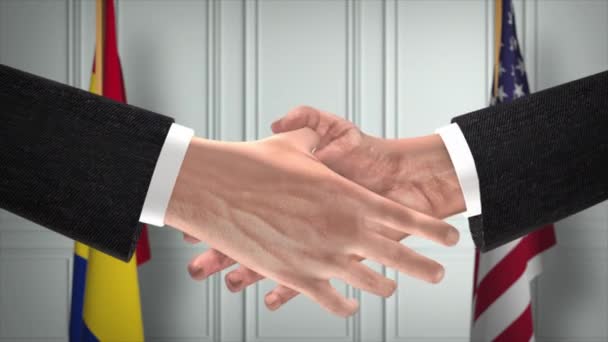 ルーマニアと米国のパートナーシップビジネス契約 国旗を掲揚 公式外交握手イラストアニメーション 契約ビジネスマンの手を振る — ストック動画